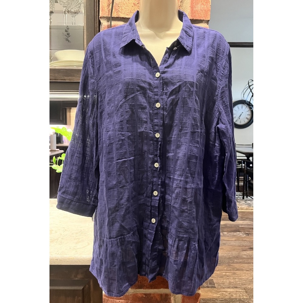 J JILL Blue 100% Cotton 3/4 Sleeve Button-Up Peplum Semi Sheer Top XL